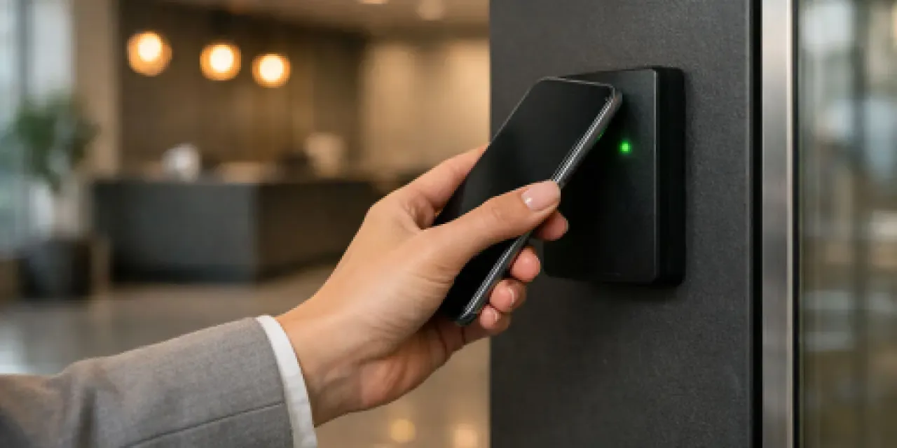 Hand presenting a smartphone to a wall-mounted access control reader at a commercial glass door