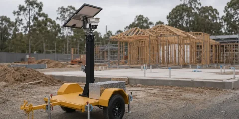 Solar-powered portable CCTV tower at an active Brisbane construction site
