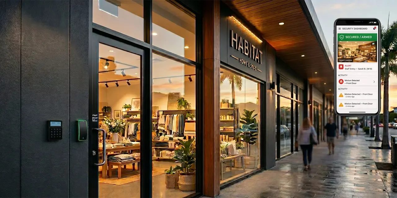 Modern monitored alarm system keypad in a Brisbane commercial premises