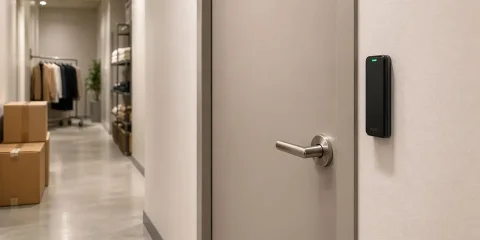 Back-of-house access control reader at a retail stockroom entry