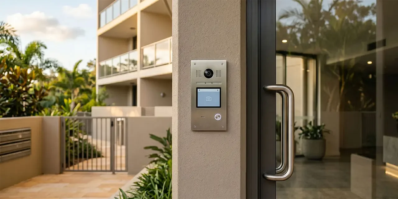 Video intercom at a Brisbane strata apartment entry managed by a property manager