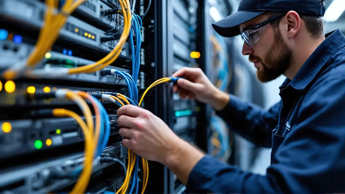 Technician working on network equipment