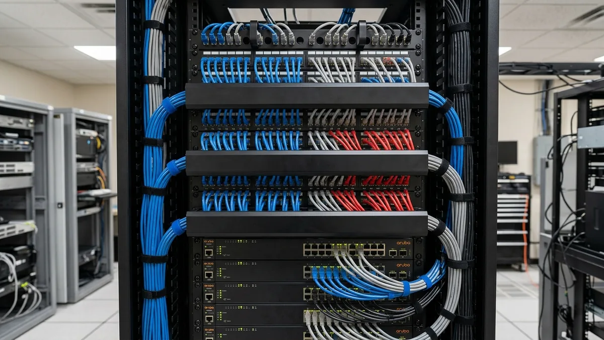 Communications rack with newly installed patch panels and organised cabling at Liverpool Girls High School