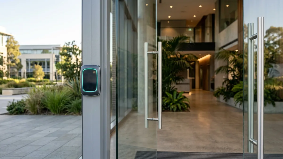 Wall-mounted access control reader beside the glass entrance of a Sydney business-park office