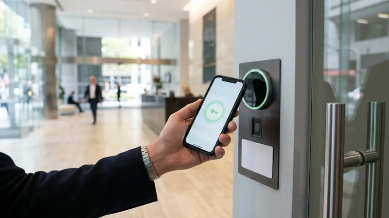 Hand presenting a smartphone to a Sydney office access reader with fingerprint and card credential options