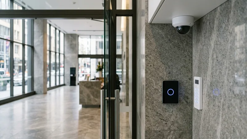 Access reader, alarm keypad and ceiling CCTV dome integrated at a Sydney office entry