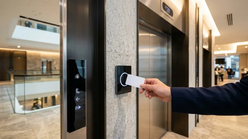 Access card presented to a reader beside a lift control panel in a Sydney multi-tenant building