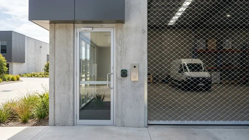Access reader and video intercom beside a see-through mesh security gate at a Western Sydney warehouse entry