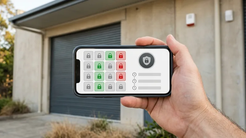 Alarm app showing armed zones and an event log at a Brisbane commercial premises