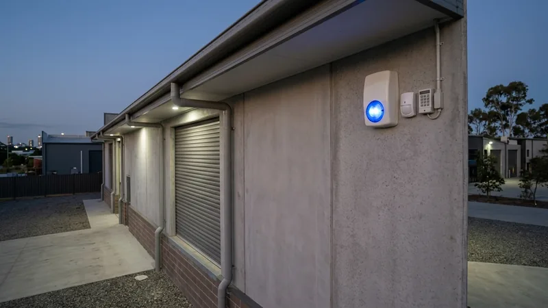 External alarm siren and strobe lit at dusk on a monitored Brisbane commercial site