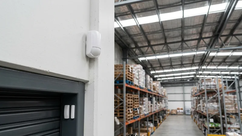 Motion sensor and roller-door contact in a Brisbane high-bay warehouse