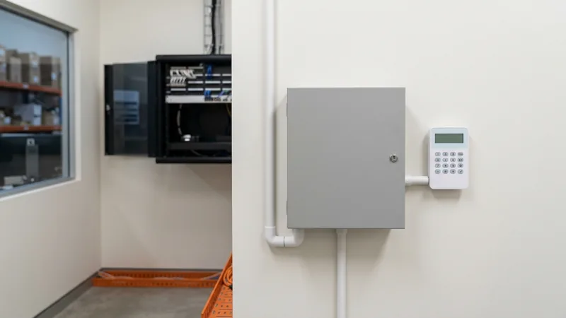 Alarm control panel and keypad with tidy conduit in a Brisbane commercial back-of-house