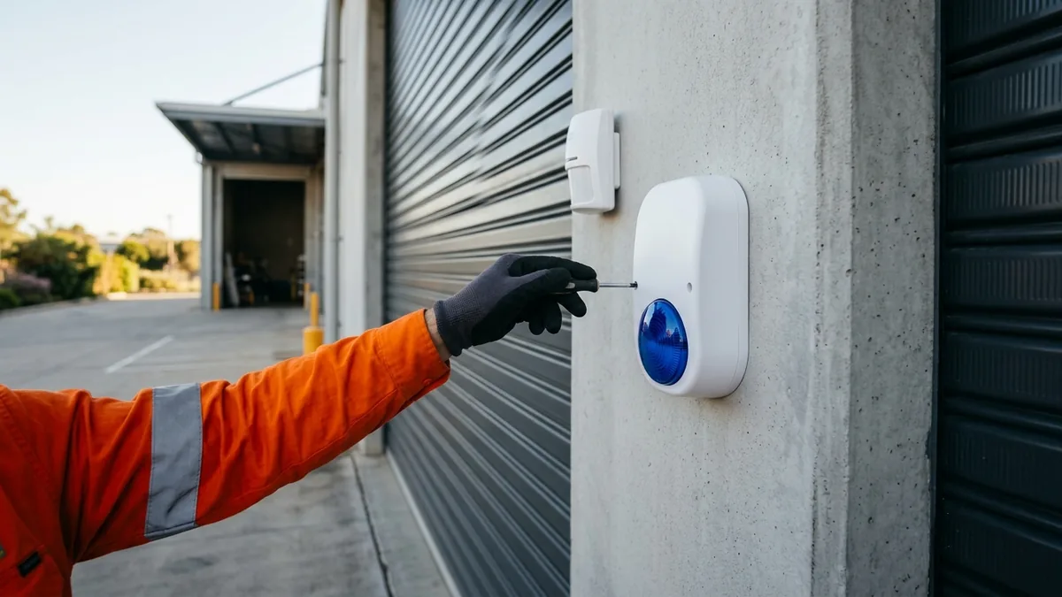 Technician installing an external alarm siren at a Brisbane commercial warehouse