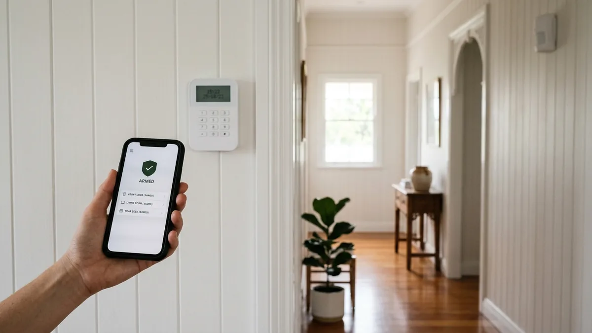 Smartphone showing a home alarm app with armed zones, beside a wireless keypad inside a Brisbane home