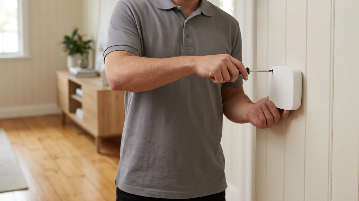Metwide technician mounting and testing a white wireless alarm hub on an interior wall of a Brisbane home
