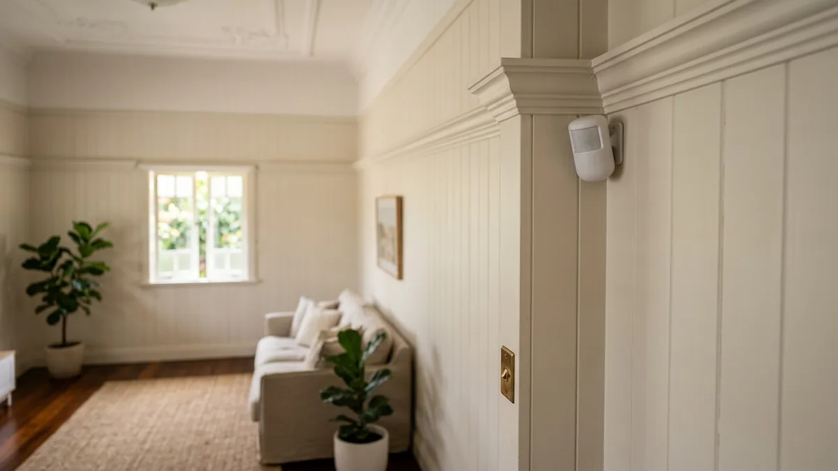 Small white wireless PIR motion sensor mounted high in the corner of a room in a Brisbane home