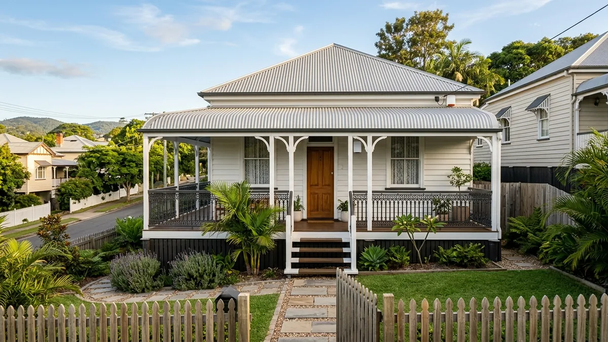 Exterior of a Brisbane home at dusk with warm interior lights and a small white outdoor alarm siren and strobe mounted under the eave near the entry