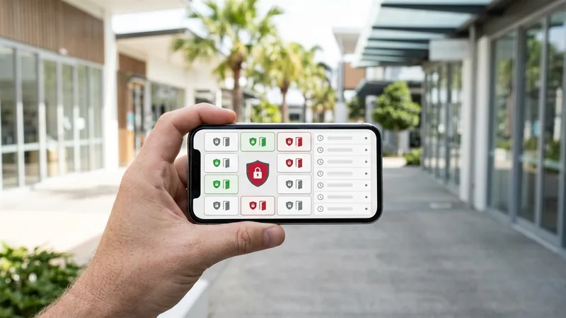 Alarm app showing armed zones and an event log at a Gold Coast commercial premises
