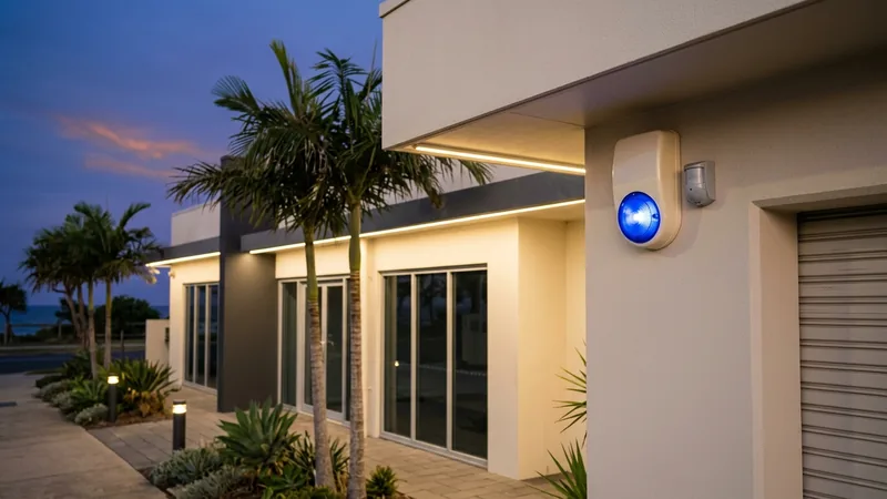 External alarm siren and strobe lit at dusk on a monitored Gold Coast coastal commercial site