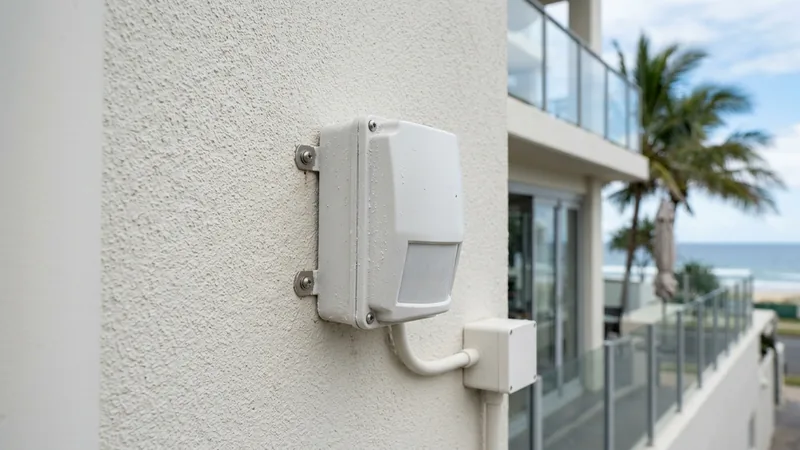 Weather-rated external motion sensor on an exposed Gold Coast coastal commercial facade