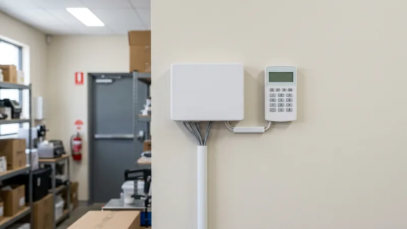 Alarm control panel and keypad with tidy conduit in a Gold Coast commercial back-of-house