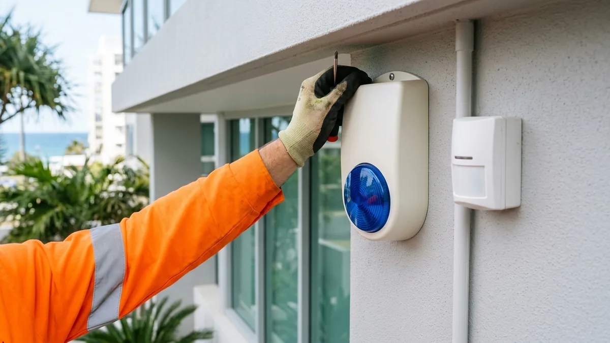 Technician installing a weather-rated external alarm siren at a Gold Coast coastal commercial site