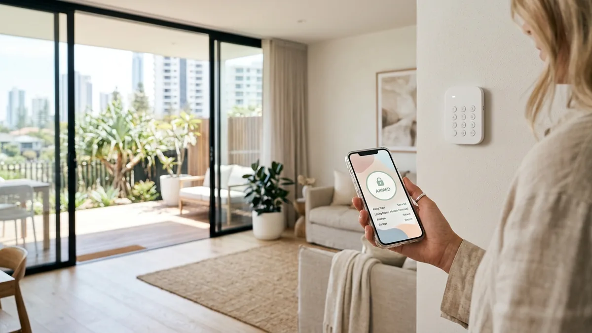 Smartphone showing a home alarm app with armed zones, beside a wireless keypad inside a Gold Coast home
