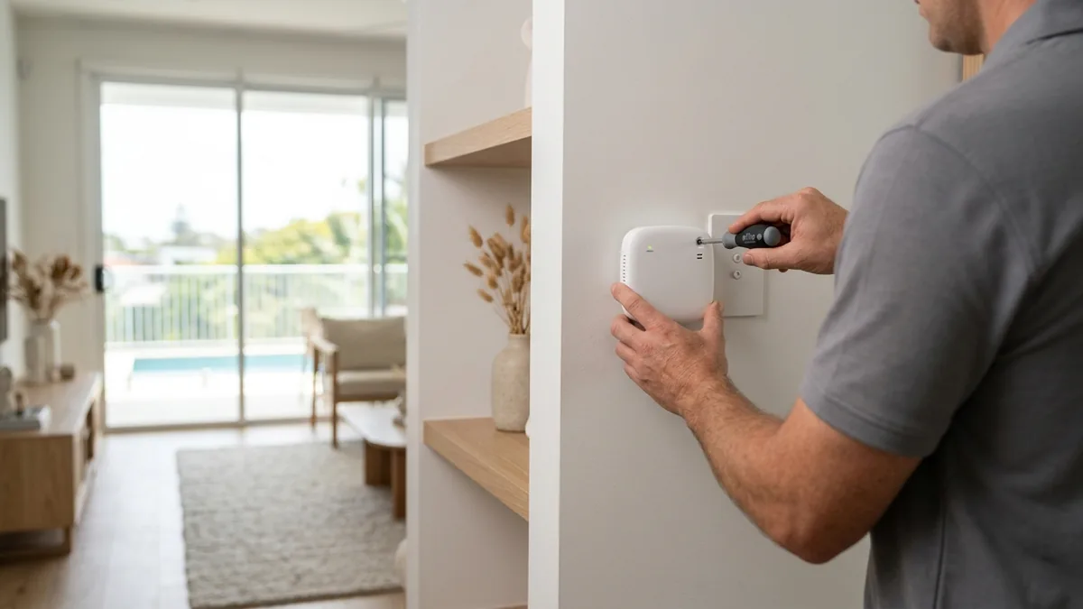 Metwide technician mounting and testing a white wireless alarm hub on an interior wall of a Gold Coast home