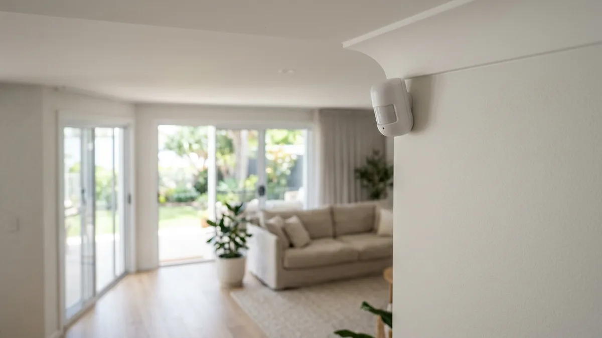 Small white wireless PIR motion sensor mounted high in the corner of a room in a Gold Coast home