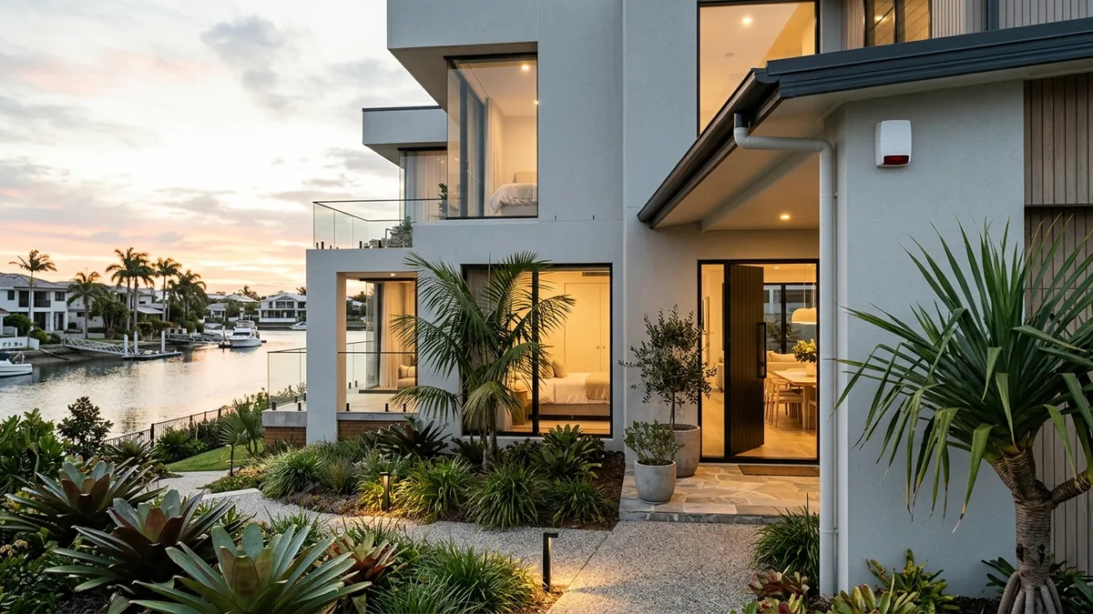Exterior of a Gold Coast home at dusk with warm interior lights and a small white outdoor alarm siren and strobe mounted under the eave near the entry