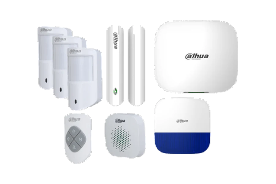 Dahua AirShield wireless home alarm kit: hub, three pet PIR sensors, door reed, indoor and outdoor sirens and a remote
