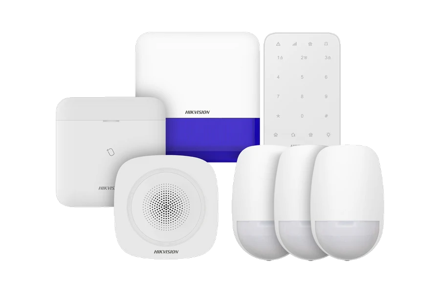 Hikvision AX PRO wireless home alarm kit: hub, keypad, three PIR detectors and indoor and outdoor sounders