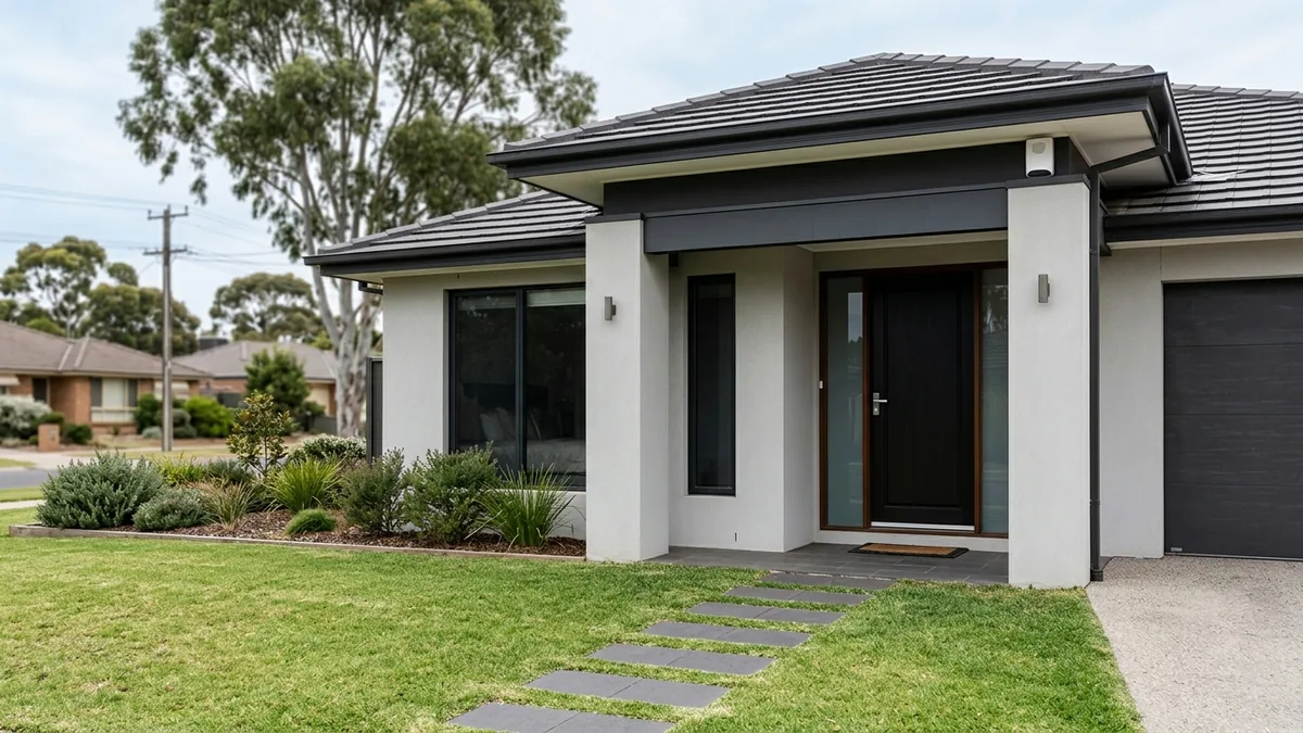 Exterior of a well-kept Australian home at dusk with a small white outdoor alarm siren mounted under the eave near the entry