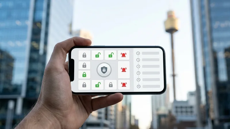 Alarm app showing armed zones and an event log at a Sydney commercial premises