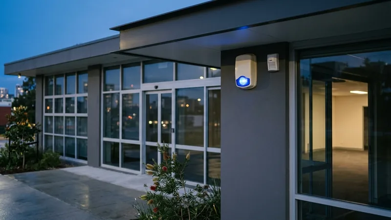 External alarm siren and strobe lit at dusk on a monitored Sydney commercial site