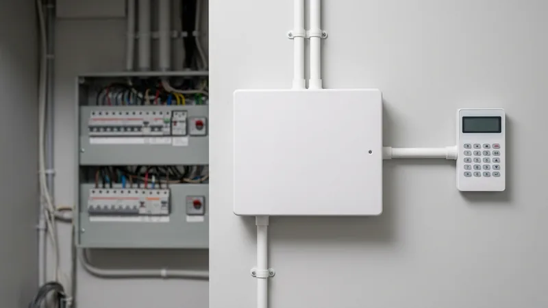 Alarm control panel and keypad with tidy conduit in a Sydney commercial riser cupboard
