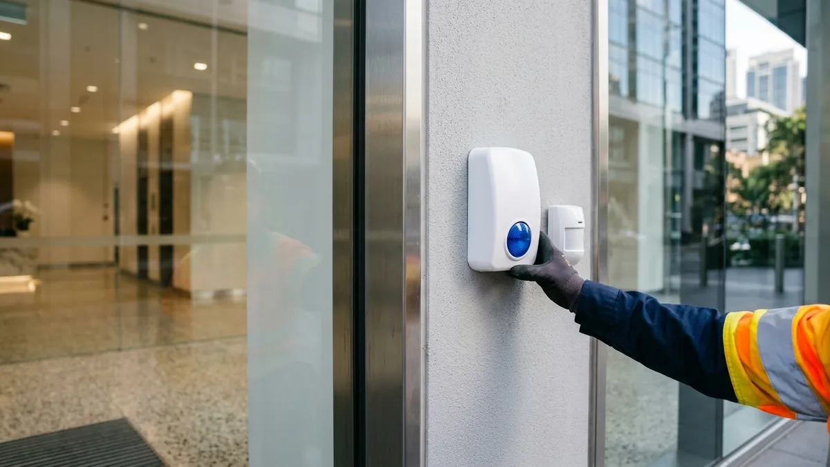 Technician installing an external alarm siren at a Sydney CBD commercial building