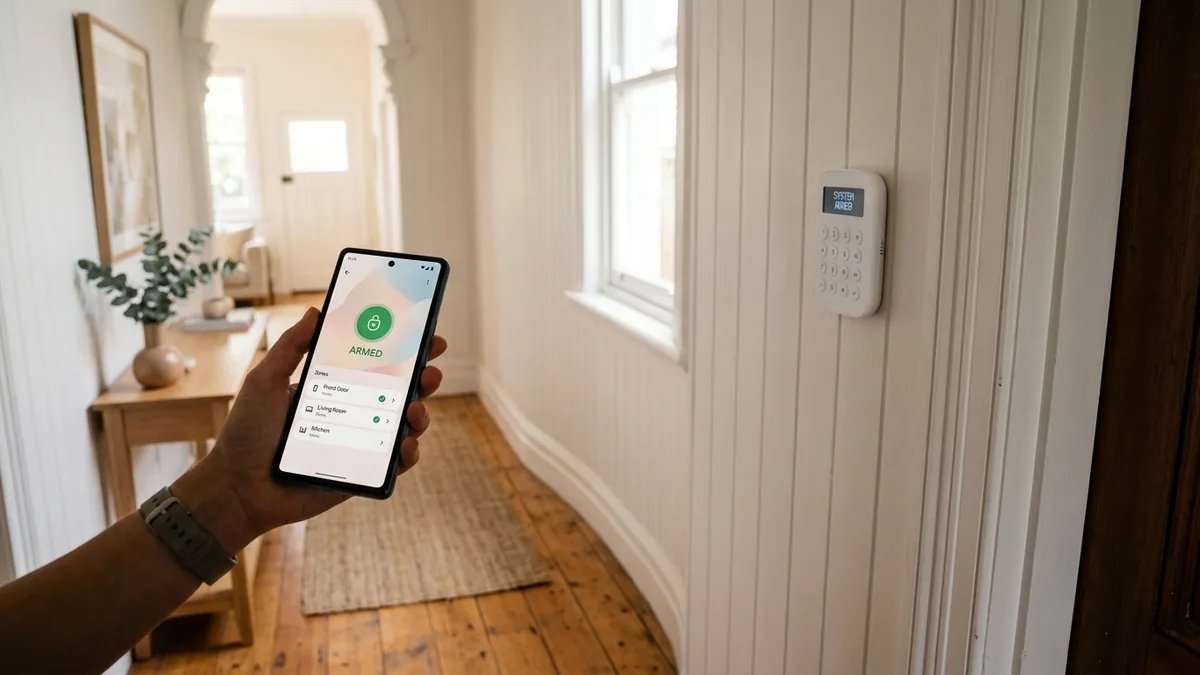 Smartphone showing a home alarm app with armed zones, beside a wireless keypad inside a Sydney home