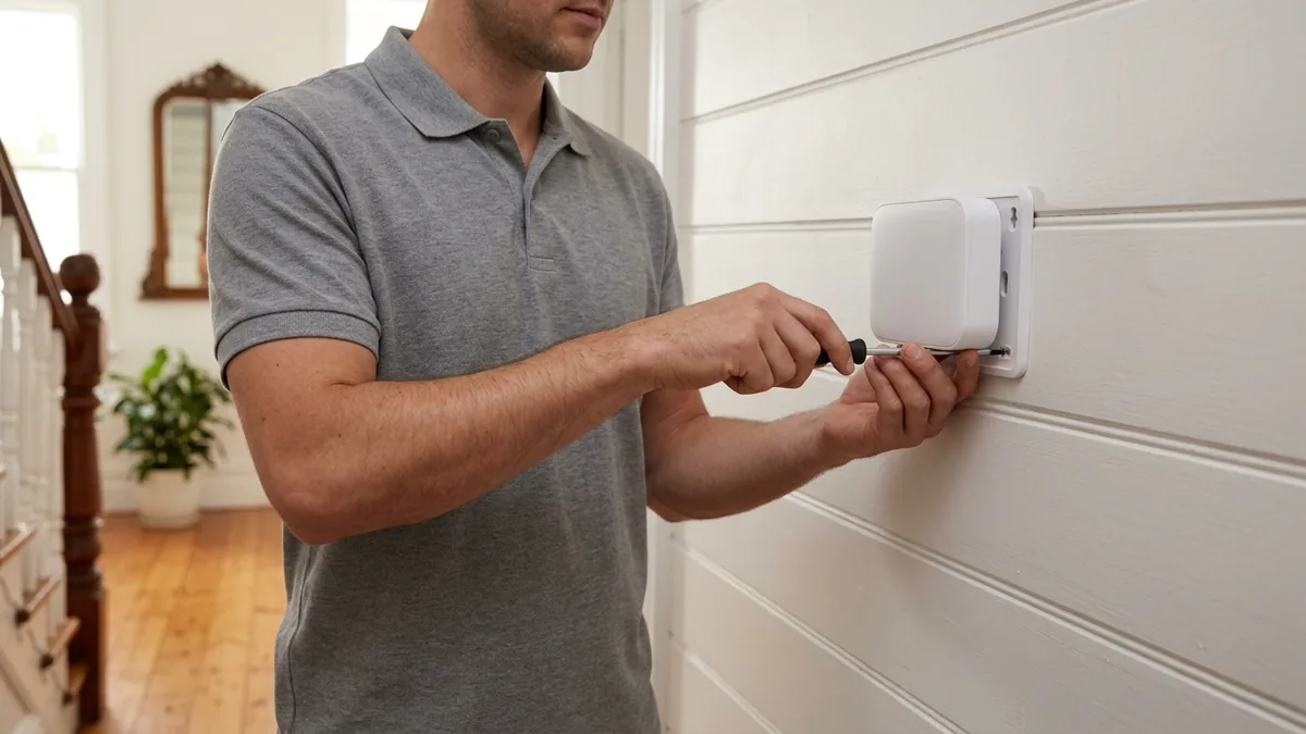 Metwide technician mounting and testing a white wireless alarm hub on an interior wall of a Sydney home