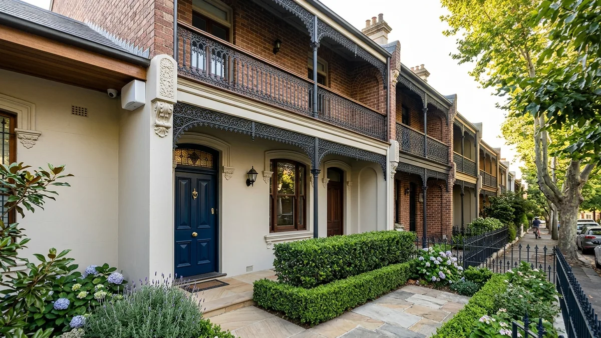 Exterior of a Sydney home at dusk with warm interior lights and a small white outdoor alarm siren and strobe mounted under the eave near the entry