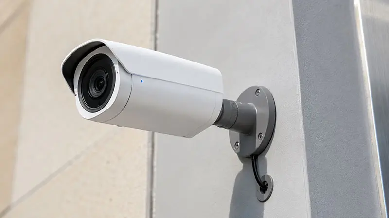 Close-up of a slim matte-white commercial IP bullet camera with a single Power-over-Ethernet cable, mounted on a painted-render Sydney commercial wall.