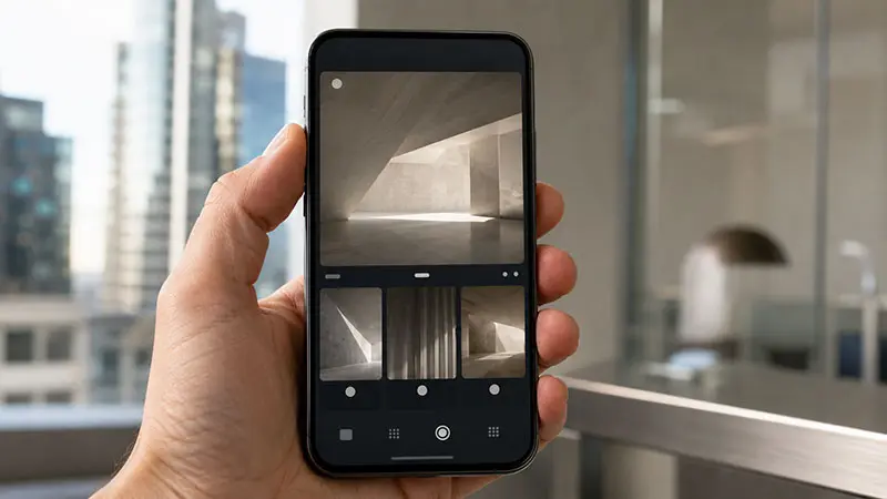 Hand holding a smartphone showing a dark-themed live camera tile from a Sydney commercial premises, with a softly defocused Sydney CBD office interior behind.