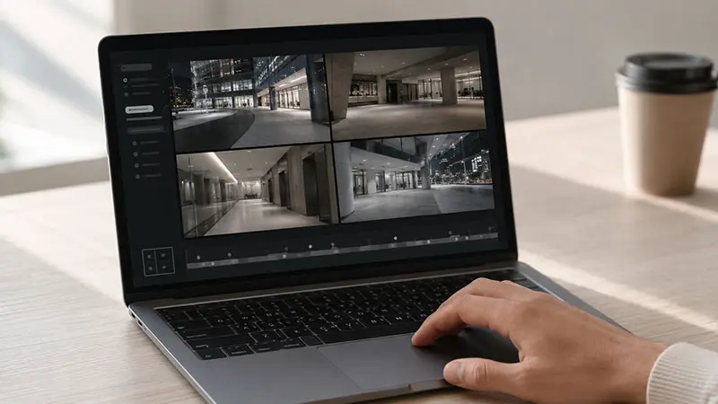 Hand on a laptop trackpad operating a video management dashboard showing a four-tile camera grid and an abstract timeline, with no business name or text on screen.