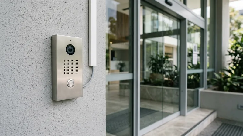 IP video intercom door station with PoE cabling at a Brisbane office entry