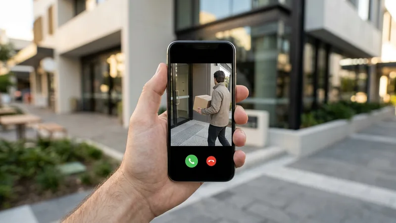 Video intercom app showing a live door-camera view and unlock button at a Brisbane site