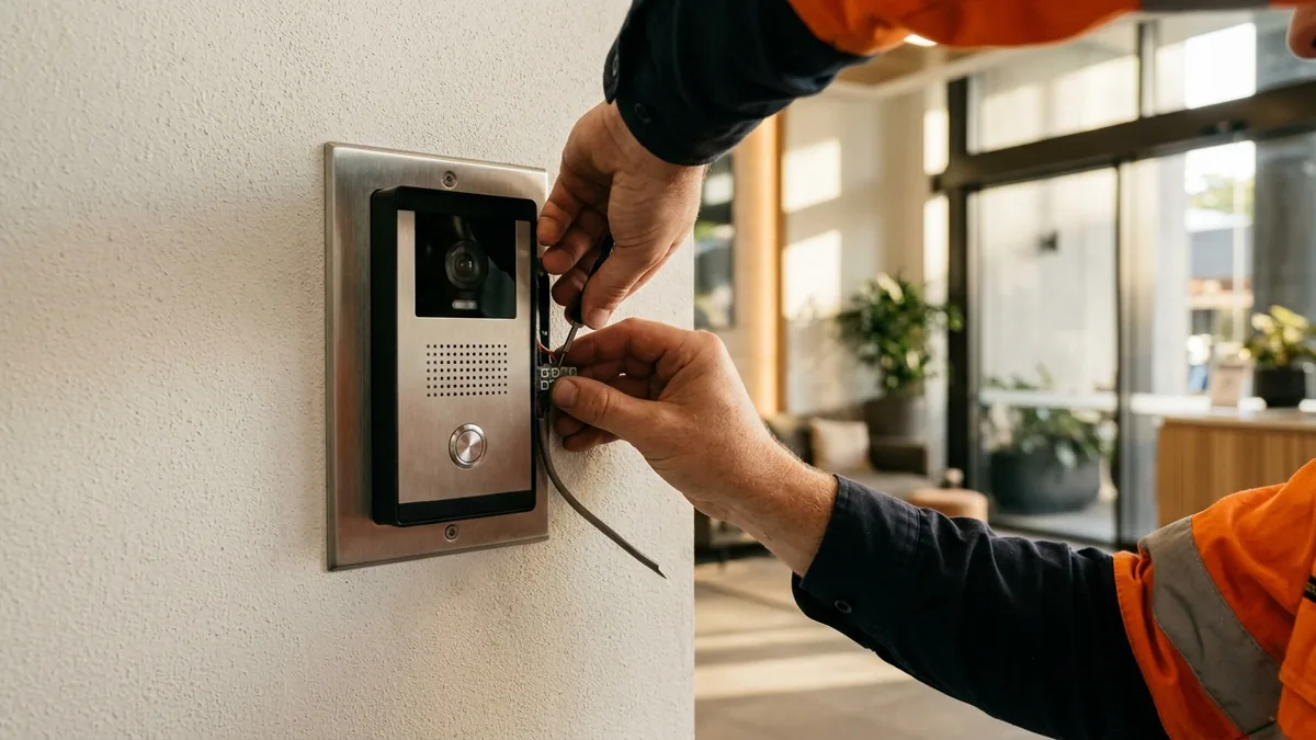 Technician installing a video intercom door station at a Brisbane office reception