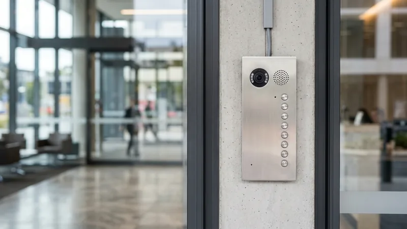 Multi-tenant IP video intercom lobby panel with PoE cabling at a Sydney tower entry