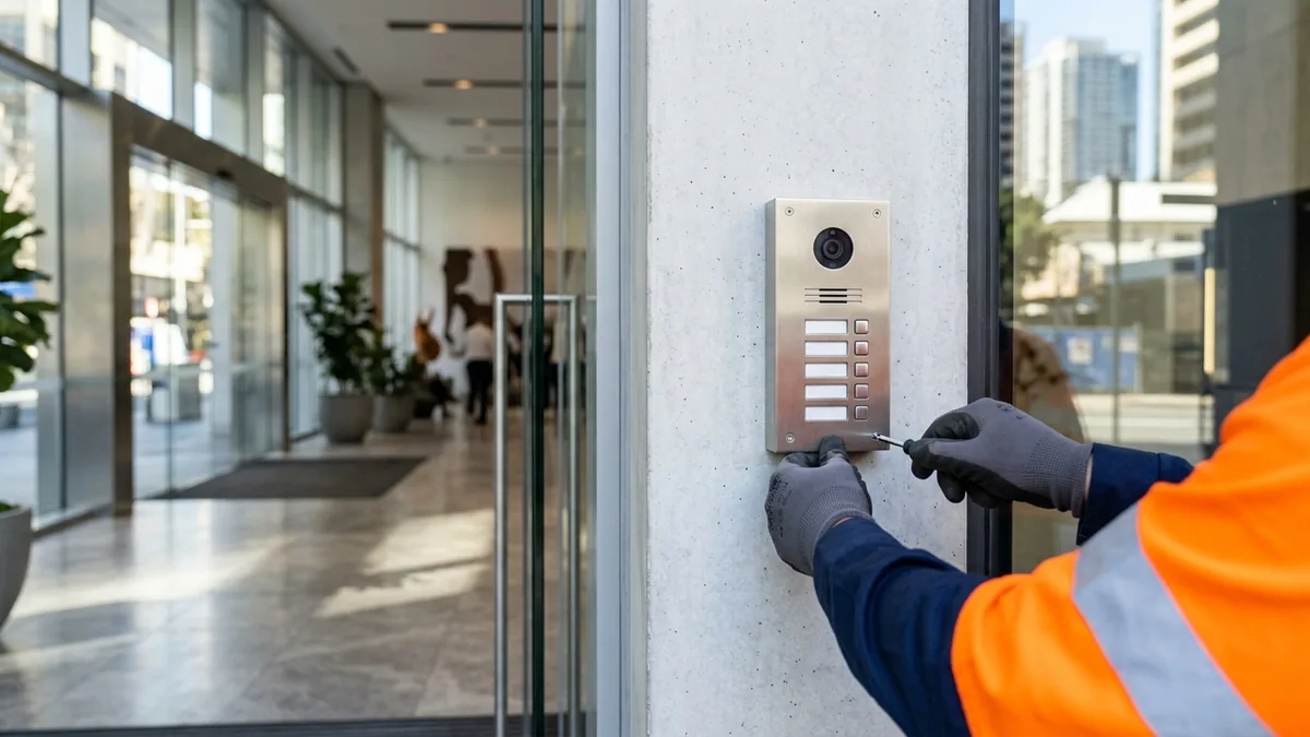 Technician installing a video intercom lobby panel at a Sydney CBD office tower entry