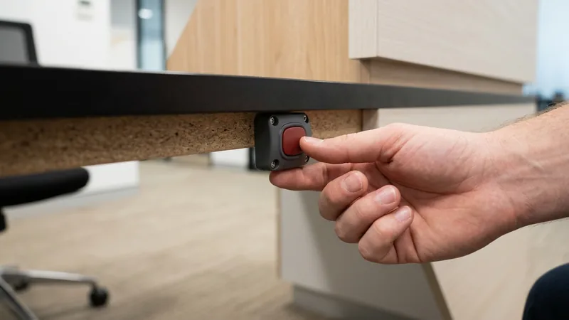 Hand reaching for a discreet duress button under a Brisbane reception counter