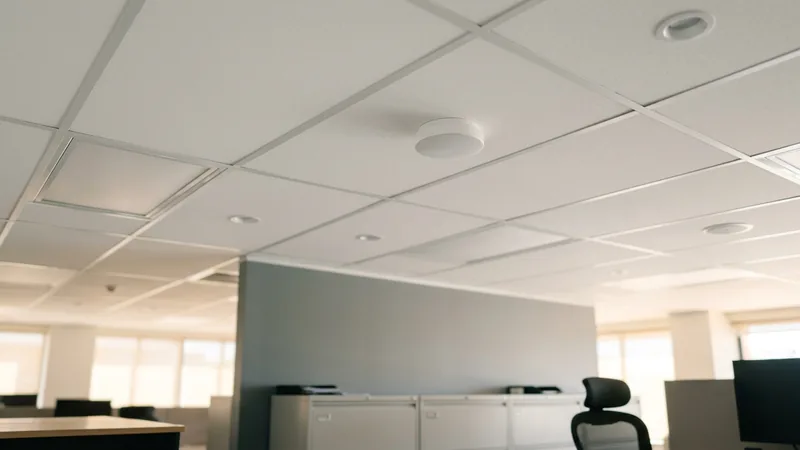 Commercial smoke and heat detector on the ceiling of a Brisbane office